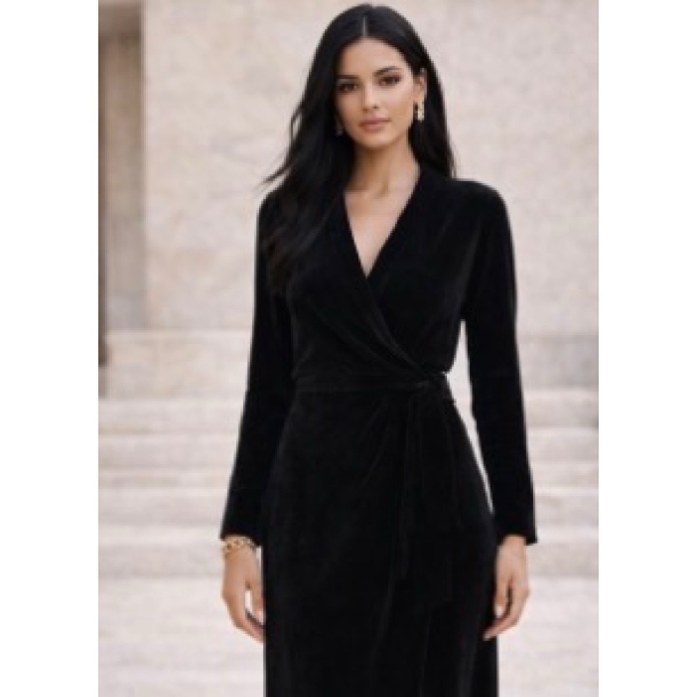 Vintage Virgo Black Velvet Faux Wrap Tie Waist Goth Classic Y2K Dress Size 8P